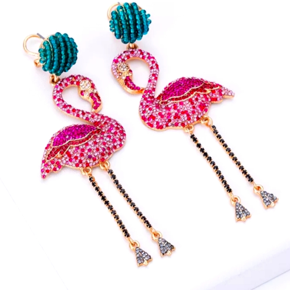 Earrings Flamingo Rhinestone Long Jeweled Pink and Green (Bin 1 C) - Picture 2 of 9